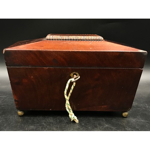 1005 - A mahogany sarcophagus caddy with key and two interior lidded compartments on ball feet. 13 d x 22.5... 