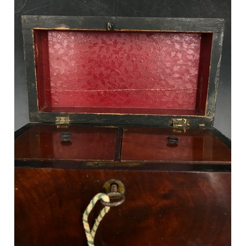 1005 - A mahogany sarcophagus caddy with key and two interior lidded compartments on ball feet. 13 d x 22.5... 