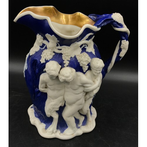 366 - A 19thC Minton Bacchanalian Jug of large proportions, in blue glaze moulded with figures of Silenus ... 