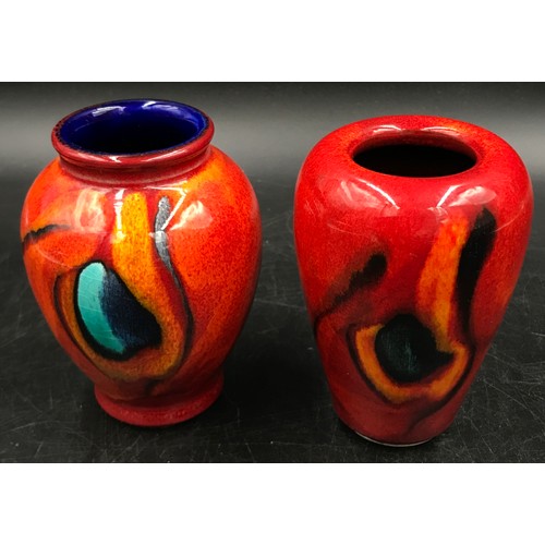 363 - Poole pottery Volcano pattern two small vases and a large bowl 34cm diameter.