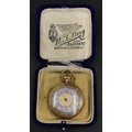 Continental 18ct gold pocket watch, enamel face, winds and ticks, vacant cartouche to back.
