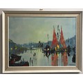 An oil on canvas of a harbour scene signed 