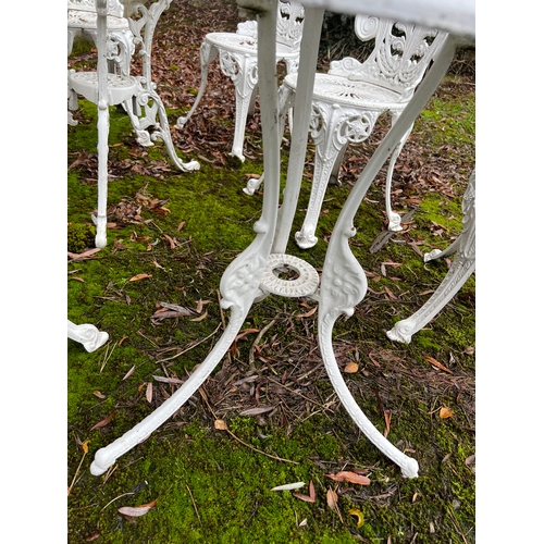 184 - Two metal garden tables and 6 chairs. Tables 69cm d.