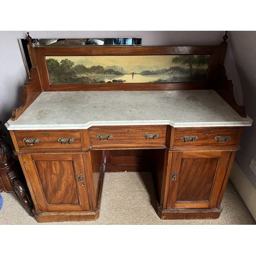 4 - A 19thC mahogany washstand with marble top and painted upstand depicting lake and mountains. 3 drawe... 