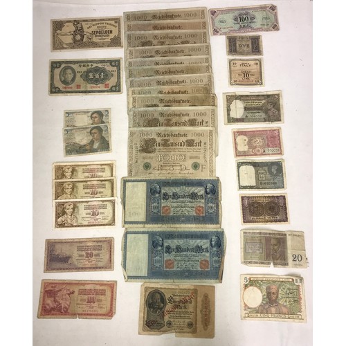 629 - A collection of world banknotes 37 in total to include India: 1 Rupee liaquat jung, 1 rupee note 194... 