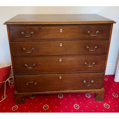 3 - A 19thC mahogany graduating 4 height chest of drawers with brass drop handles. 84 h x 91 w x 48cm d.... 