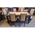 Good quality marble topped table and six upholstered chairs. Table 67cm h x 189cm w x 99cm d.