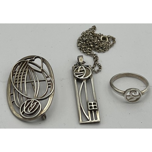 498 - Charles Rennie Mackintosh inspired jewellery to include pendant, ring and brooch, all marked .925.