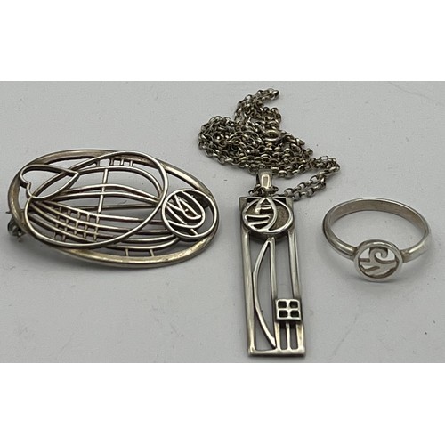 498 - Charles Rennie Mackintosh inspired jewellery to include pendant, ring and brooch, all marked .925.