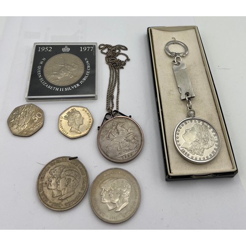 628 - Coins to include 1889 crown mounted as pendant on chain, 1890 silver dollar on key ring, 2 x 1994 50... 