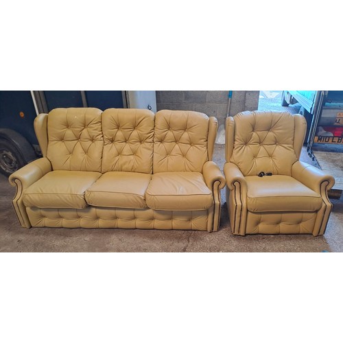 83 - Button backed leather covered furniture to include three seater sofa, armchair, carver chair and sid... 