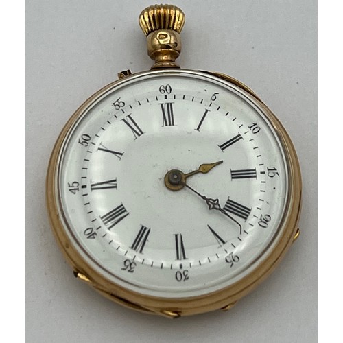 956 - A Continental gold cased pocket watch (tests as 9ct) with white enamel dial. Weight 25.2gm. Inscribe... 