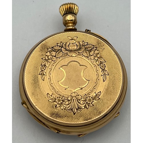 956 - A Continental gold cased pocket watch (tests as 9ct) with white enamel dial. Weight 25.2gm. Inscribe... 