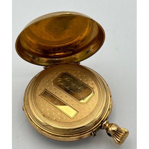 956 - A Continental gold cased pocket watch (tests as 9ct) with white enamel dial. Weight 25.2gm. Inscribe... 