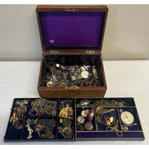 518 - A 19thC leather covered jewellery box and contents to include jewellery, watches, knife etc.