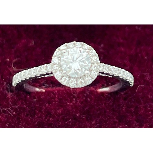 488 - An 18 carat white gold diamond ring, the central diamond surrounded by diamonds. Diamonds to the sha... 