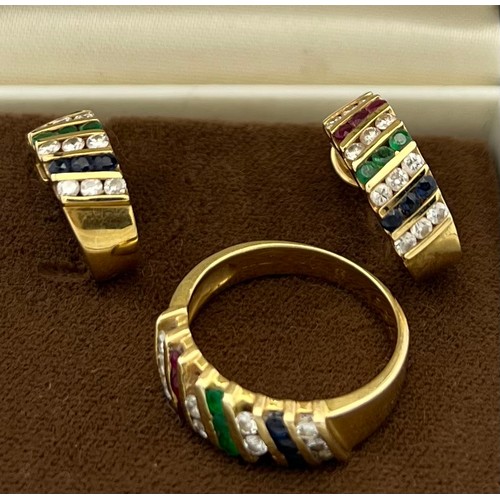 507 - An 18 carat gold ring set with diamonds sapphires, emeralds and rubies with a pair of matching earri... 