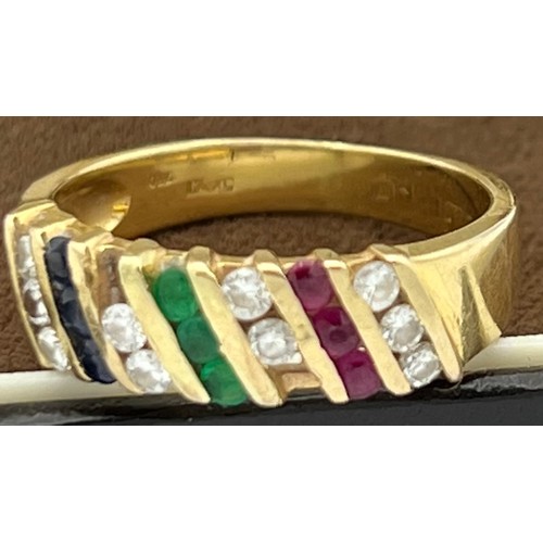 507 - An 18 carat gold ring set with diamonds sapphires, emeralds and rubies with a pair of matching earri... 