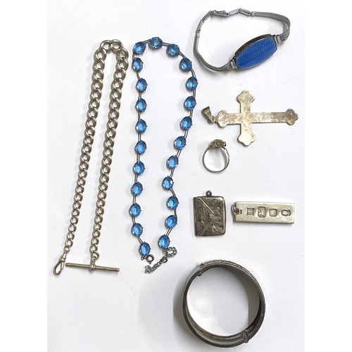 517 - A collection of silver items to include ladies blue enamelled bracelet with inside mirror, blue glas... 