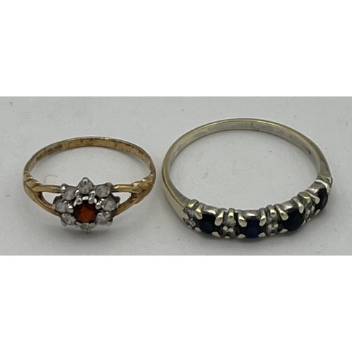 553A - Two ladies dress rings, one 9ct yellow gold with red and white stones size I, the other 9ct white go... 