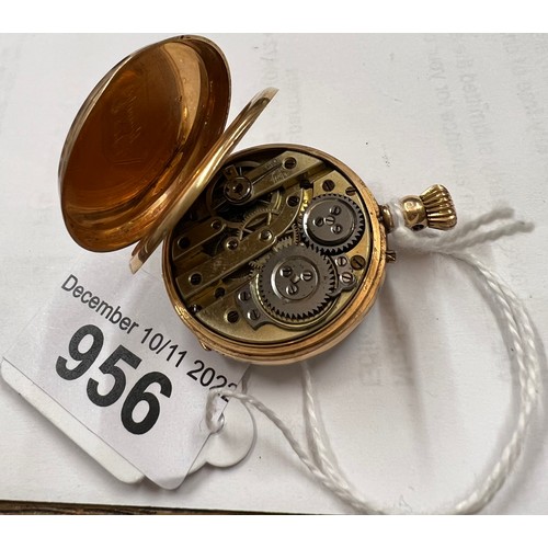 956 - A Continental gold cased pocket watch (tests as 9ct) with white enamel dial. Weight 25.2gm. Inscribe... 