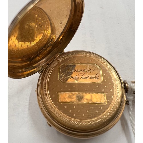 956 - A Continental gold cased pocket watch (tests as 9ct) with white enamel dial. Weight 25.2gm. Inscribe... 