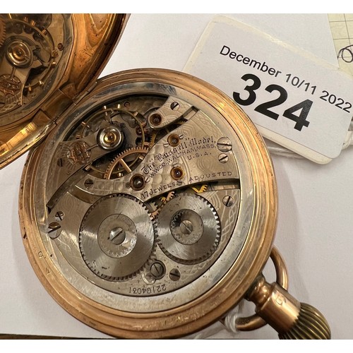 324 - Nine carat gold full hunter pocket watch. White enamel face marked Waltham USA. Total weight 119gm. ... 