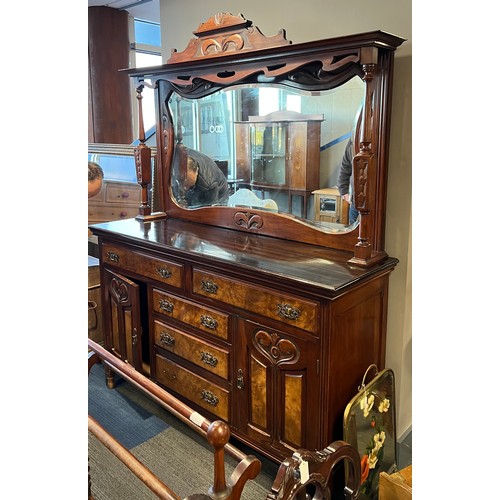 150A - A 19thC walnut and mahogany mirror backed dresser in the Art Nouveau style. 177 h x 154 w x 49cm dee... 