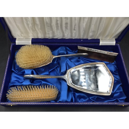 732 - Silver backed dressing table set to include mirror, hair/clothes brush and comb, Birmingham 1970's m... 