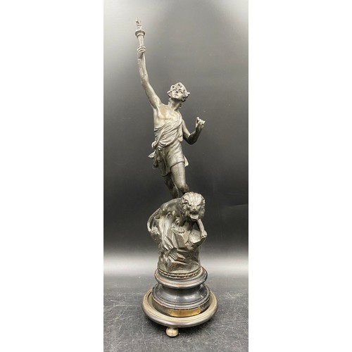 1102 - A French Art Nouveau style spelter figure on stand with plaque 49cm h without stand.