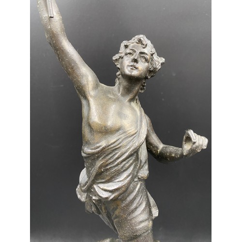 1102 - A French Art Nouveau style spelter figure on stand with plaque 49cm h without stand.