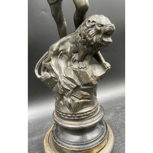 1102 - A French Art Nouveau style spelter figure on stand with plaque 49cm h without stand.