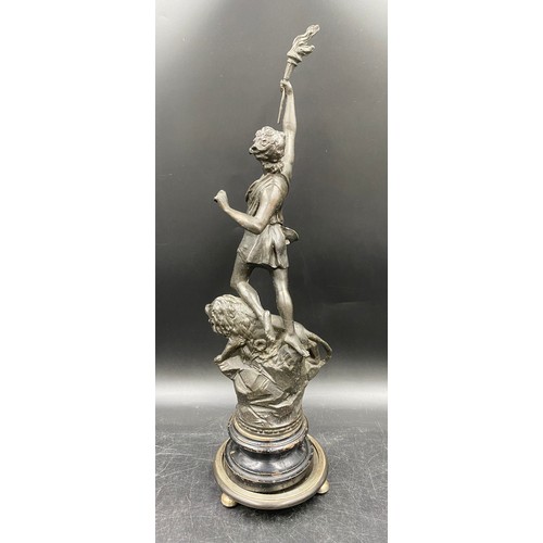 1102 - A French Art Nouveau style spelter figure on stand with plaque 49cm h without stand.