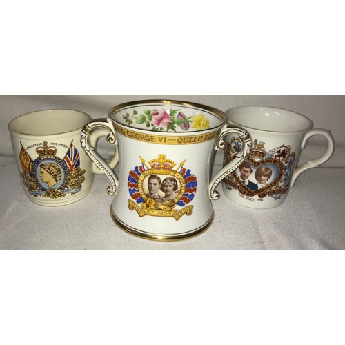 242 - A Shelley loving cup commemorating the 1937 Coronation 10cm h, along with two other commemorative mu... 