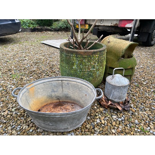 98 - Terracotta plant pot, galvanised bath and drinker and a chimney cowl.