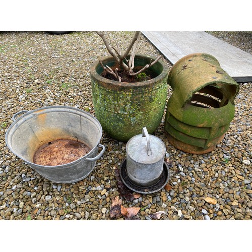 98 - Terracotta plant pot, galvanised bath and drinker and a chimney cowl.