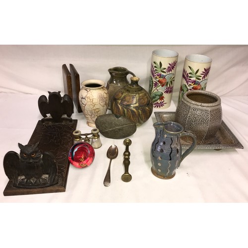 1104 - Selection of items including Alvingham pottery table lamp, scheurich vase, Jane Vernon jug, 2 unmark... 