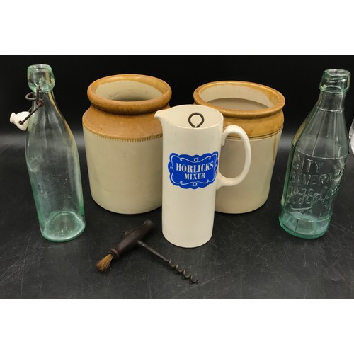 1105 - A miscellaneous lot to include a Horlicks mixer jug 20 h, two large stoneware pots tallest 21 h, two... 