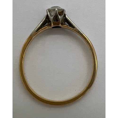 409 - Solitaire diamond ring set in yellow metal, marks rubbed. Total weight 2.2gm. Size N.