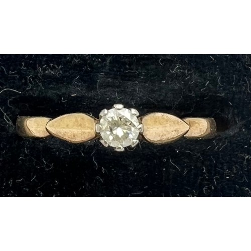 410 - Solitaire diamond ring set in yellow metal, marks rubbed.
1.2 gm total weight. Size O.