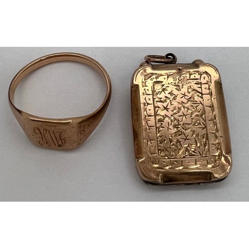 415 - A nine carat gold signet ring and a locket marked 9 carat back and front.
Weight of ring 4gm.