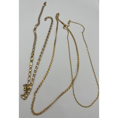 419 - Three nine carat gold chain necklaces. One broken. Total weight 12.3gm.