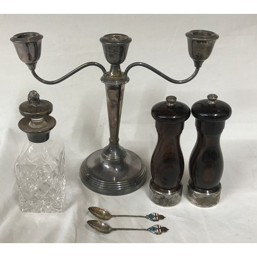 724 - Collection of mid-late 20thC silver items to include three branch candelabra, wooden salt and pepper... 