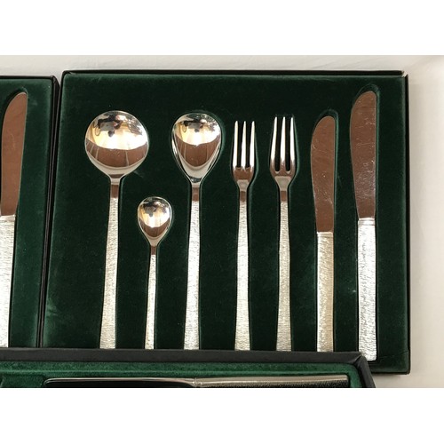 676 - Gerald Benney for Viners, 58 pieces of stainless steel table cutlery for eight persons with Bark pat... 