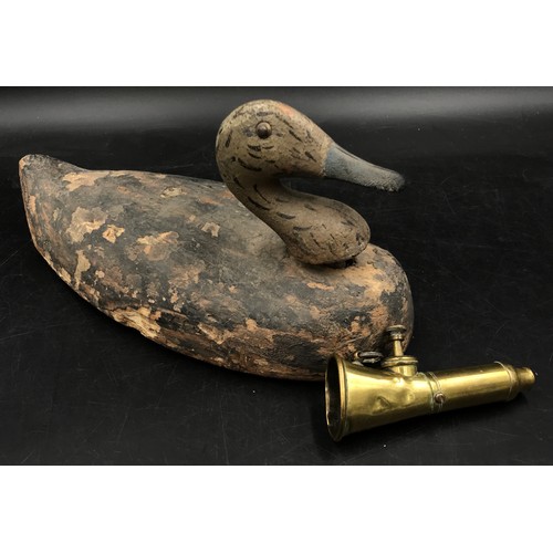 1092 - An early 20thC decoy duck along with an antique brass two tone railway signal horn.