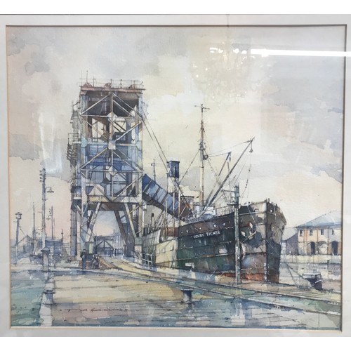 1147 - Tom Harland watercolour of dock scene 38 x 42cm.