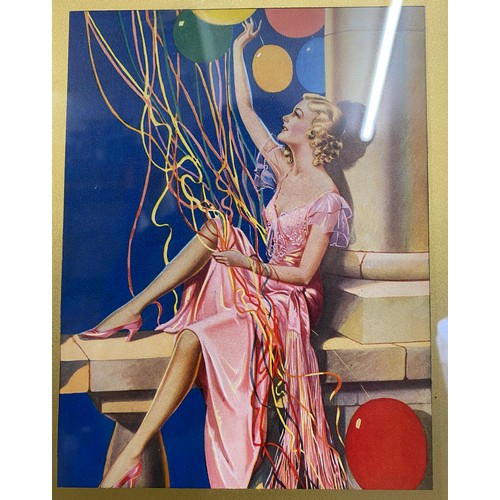 1118 - Glass covered print of a lady with balloons total size 31cm x 25cm, wooden back with stand.