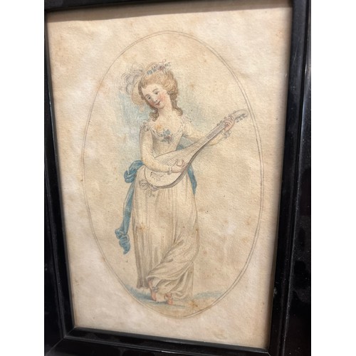 1146 - A pencil and wash sketch of a lady playing a mandolin by repute and inscription to the back Angelica... 