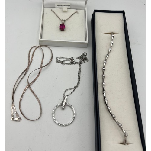 434 - Silver jewellery to include bracelet, necklace and Siberian ruby pendant etc.