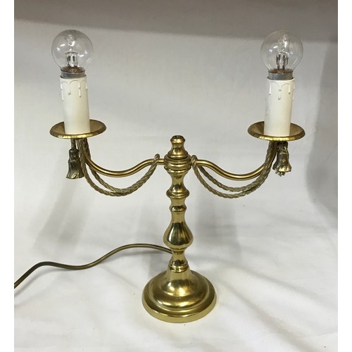 914 - Matching pair of table lamps with brass bases, rope decoration and matching shades approx 55cm h.